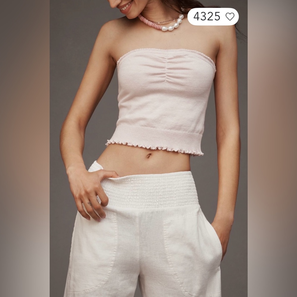 Anthropologie Cream Wide-Leg Smocked Waist Pants - Picture 3 of 4